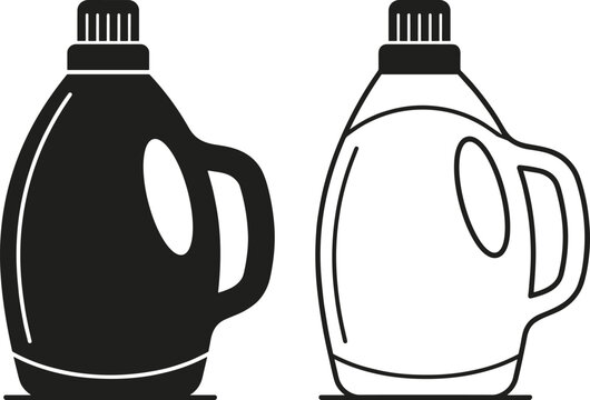 Laundry detergent bottle icon set featuring liquid fabric softener and bleach container vectors for household cleaning product design