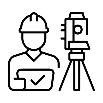 Construction engineer with hard hat and survey equipment vector icon for site inspection