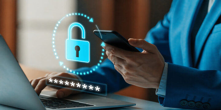 Password reset security and forgotten password recovery concept. Person using smartphone and laptop, showing digital lock, secure login, account protection, data privacy.