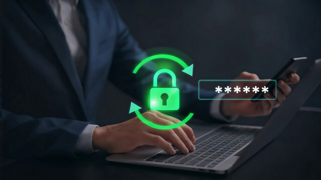 Password reset security and forgotten password recovery concept. Person using smartphone and laptop, showing digital lock, secure login, account protection, data privacy.