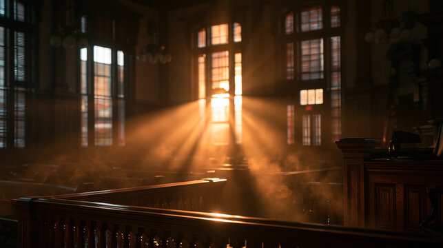 Sunlight Streaming Through Windows in Historic Courtroom Interior