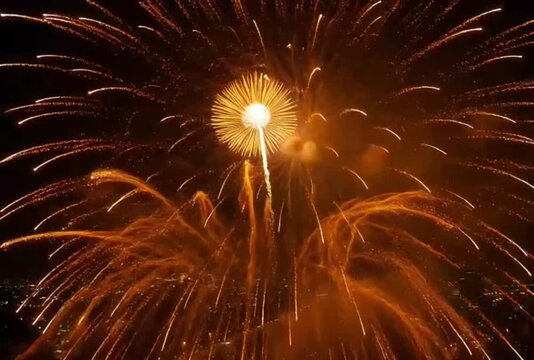 Golden fireworks display over night sky, festive pyrotechnic show with sparkling light trails, celebratory firework explosion for holiday events