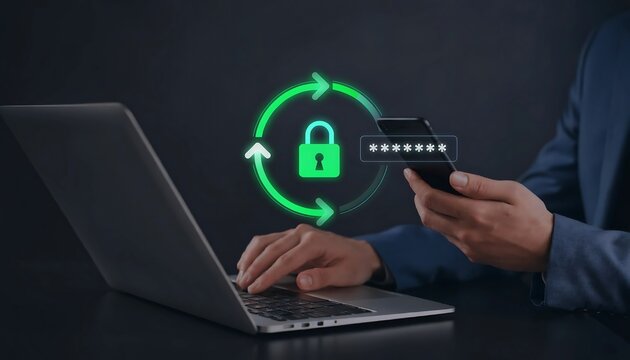 Password reset security and forgotten password recovery concept. Person using smartphone and laptop, showing digital lock, secure login, account protection, data privacy.