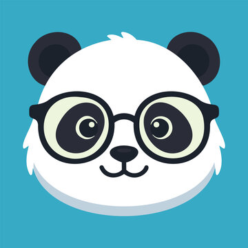 Cute panda face vector with oversized round glasses, bright expressive eyes and a friendly smile on a blue background, ideal for kids designs, stickers, avatars, posters and playful animal graphics.