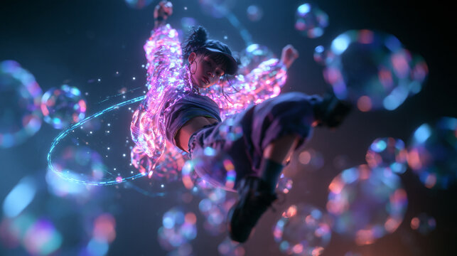 Futuristic Female Dancer Floating with Glowing Neon Bubbles