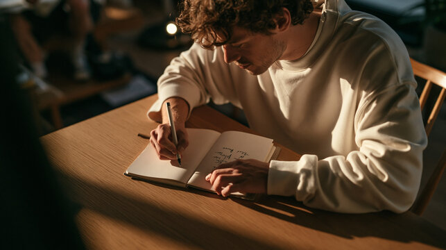 Young Man Writing in Notebook at Wooden Table