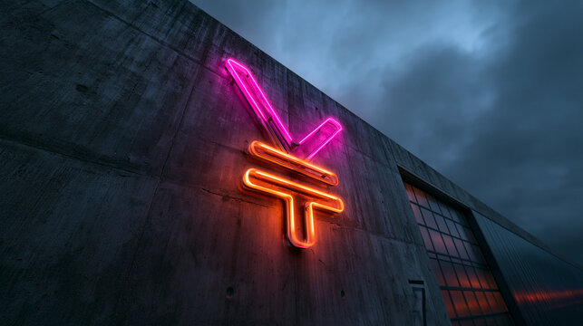 Glowing Neon Yen Currency Symbol on Industrial Concrete Wall