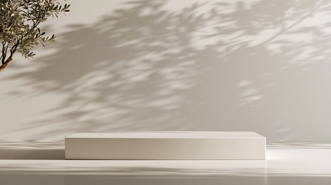 Minimalist White Podium for Product Display with Plant Shadows