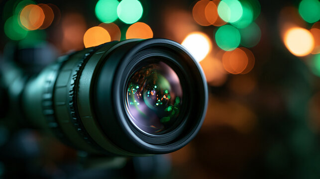 Camera Lens Close Up with Colorful Bokeh Lights Background