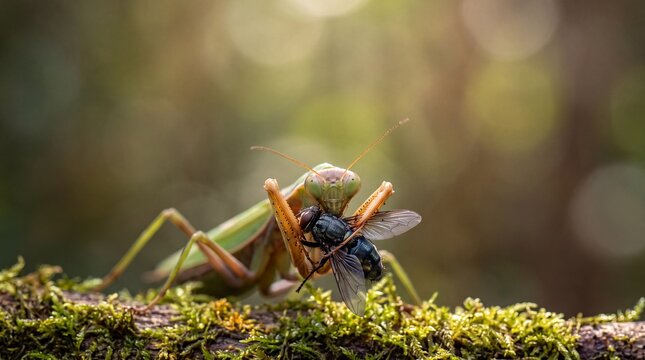 Praying Mantis Catching and Eating Fly on Mossy Branch