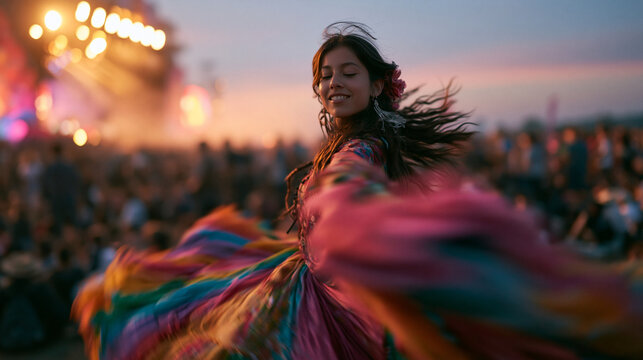 Joyful Woman Dancing in Colorful Dress at Music Festival