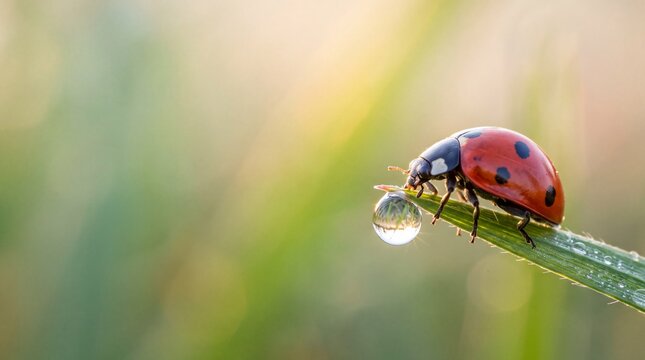 Ladybug Drinking Water Droplet on Green Blade of Grass
