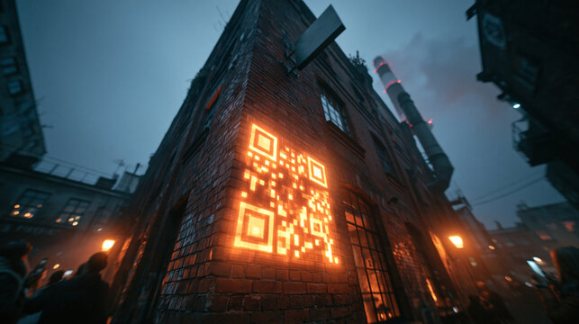Glowing QR Code Projected on Brick Building Wall in Urban City