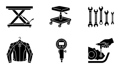 Naklejka premium Motorcycle Repair Tools and Gear Icons: Wrench, Lift, Jacket, Gauge, Engine, Stool
