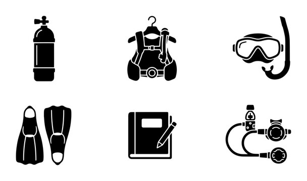Scuba Diving Gear Icons Set, Underwater Equipment Vector Symbols, Snorkeling Accessories Collection