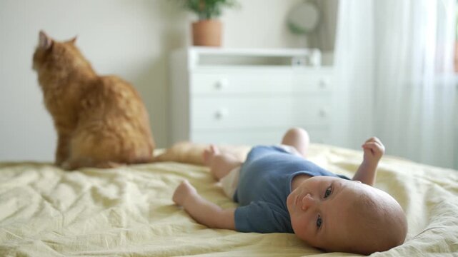 Newborn baby lying on a large bed in a bright bedroom, looking curiously at a fluffy ginger cat sitting nearby, representing the beginning of a friendship between a child and a pet