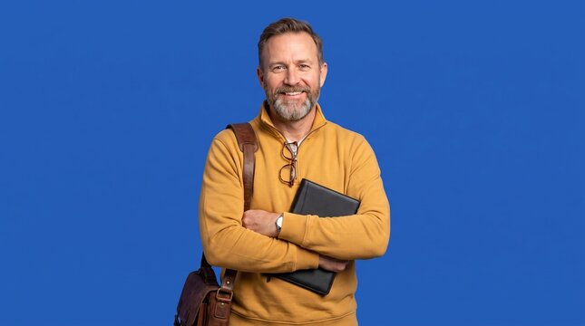 Confident mature man holding digital tablet, professional male teacher with leather bag, smiling businessman on blue background