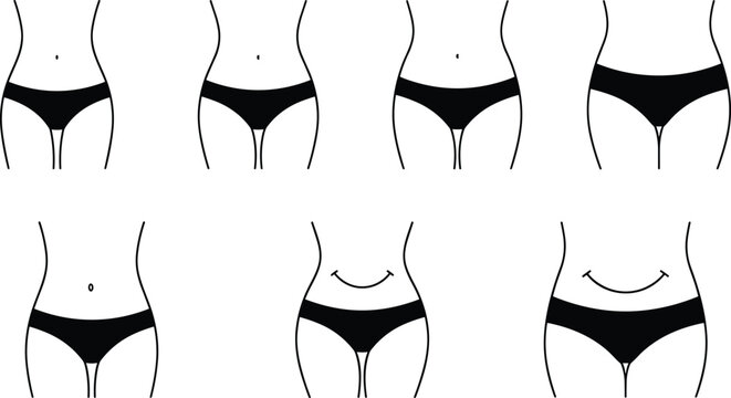 Female body types and waistline vector icons set isolated on white background for health and fitness design