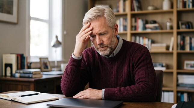Stressed senior man with headache in home office, worried mature businessman feeling overwhelmed, tired elderly male suffering from migraine