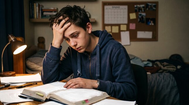 Stressed young male student sits at a wooden desk while studying hard from a heavy textbook under warm desk light