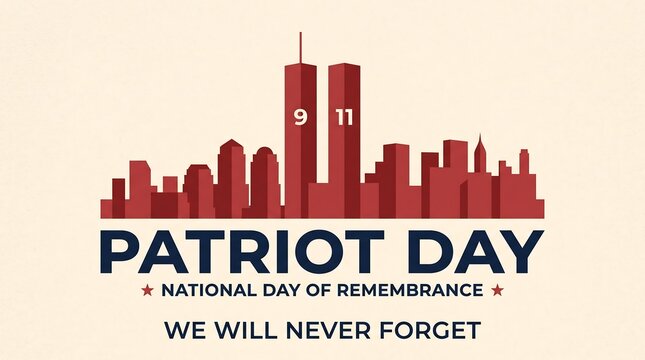 Patriot Day remembrance graphic with stylized city skyline and twin towers silhouette, September 11 memorial and national remembrance concept