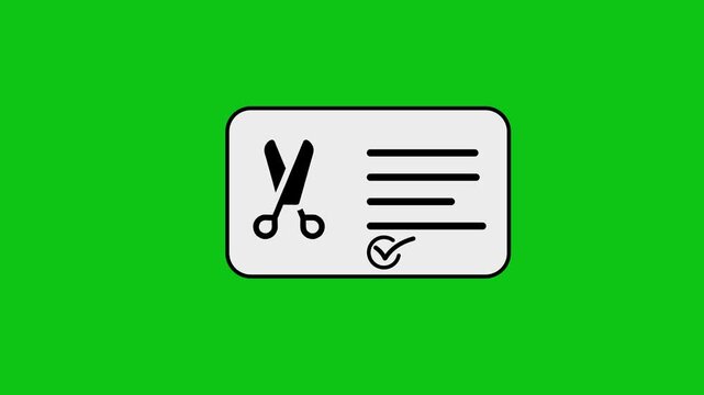 Coupon graphic with scissors cutting and check mark on green screen background.