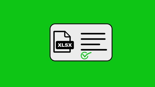 Animated xlsx file icon processing on document card with green screen background for business data analytics.