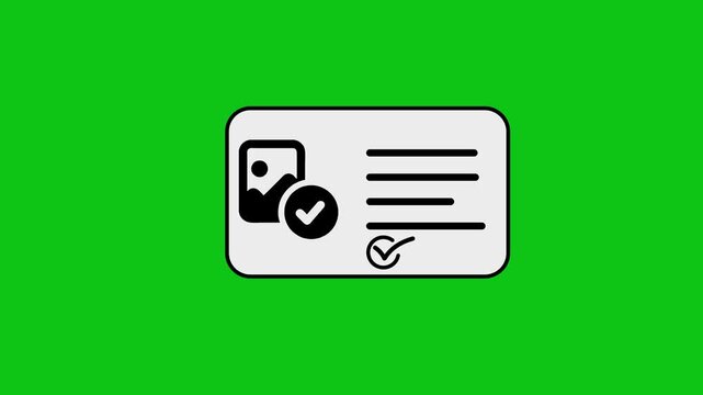 Animated id card graphic with check mark on green screen background.