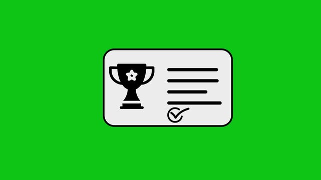 Animated trophy certificate icon with loading lines and checkmark appearing on green screen background.
