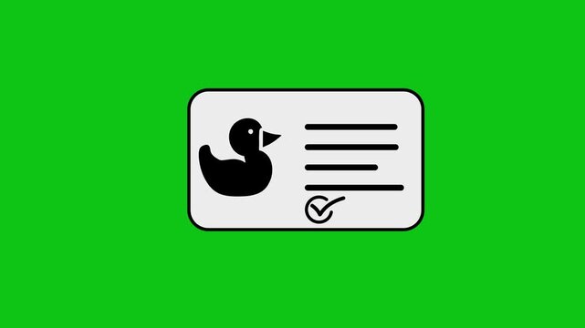 Animated identity card with duck icon and loading lines appearing on green screen background.