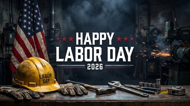 Labor day 2026 celebration with american flag, hard hat, and industrial tools on workbench, labor day, labor day 2026, happy labor day usa, labor day background
