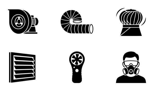 Ventilation System Icons: Blower, Duct, Turbine, Vent, Anemometer, Respirator