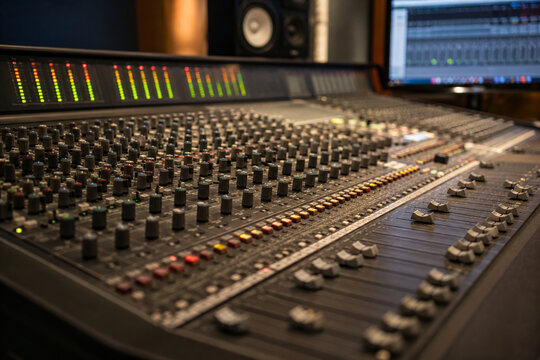 Professional recording studio mixing console with rows of knobs and faders.