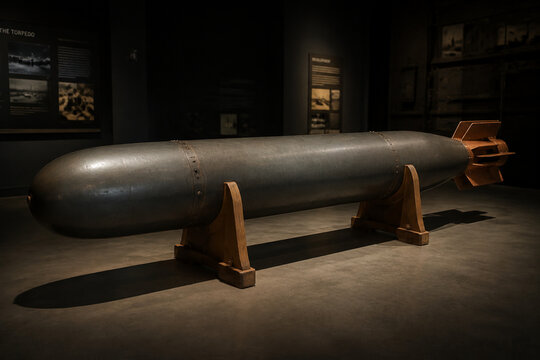 Decommissioned naval torpedo on wooden display cradles in museum, naval history concept