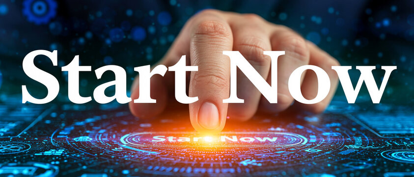 Start Nowの発光ボタンを押す指先と行動開始のビジネスイメージ