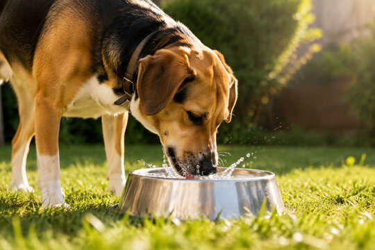 Dog drinking water from metal bowl in backyard, pet hydration and thirst