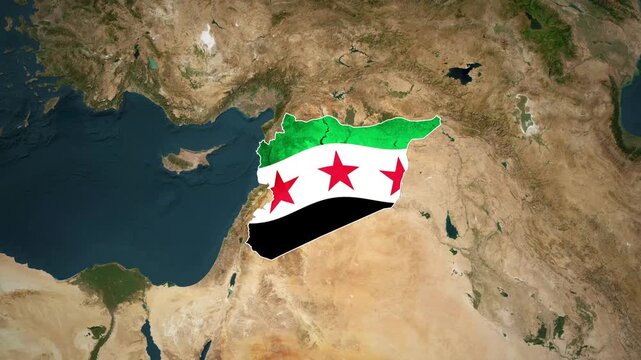 Zooming satellite view of the Syrian map displaying the revolutionary three-star flag