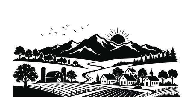 Idyllic rural landscape with a mountain village and farm scenery.