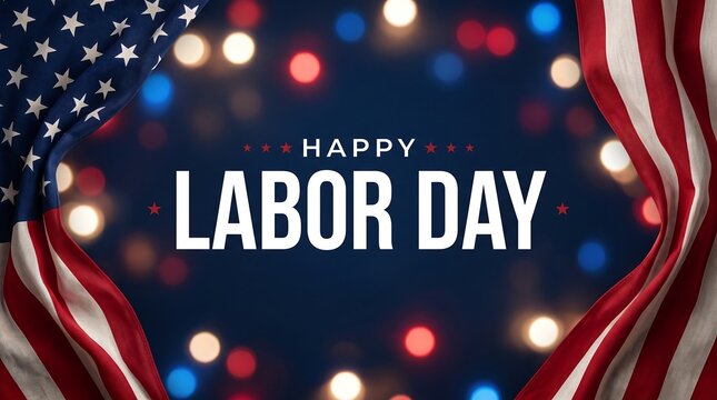 Happy labor day greeting card with american flags and glowing bokeh lights, labor day, labor day 2026, happy labor day usa, labor day background