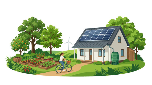 Woman cycling past a sustainable home with solar panels and an organic garden
