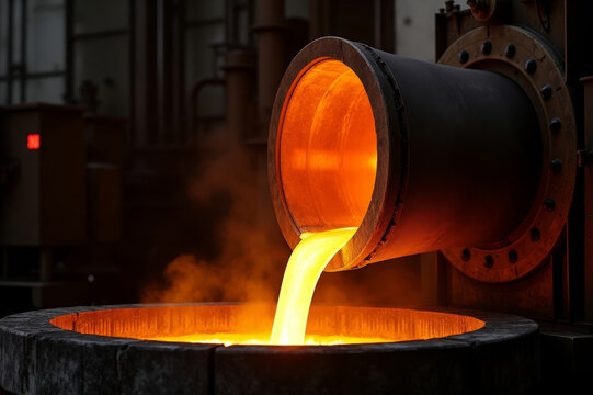 Glowing molten metal pouring from industrial furnace into crucible. Heavy metallurgy and foundry smelting process. Steel production and manufacturing industry concept