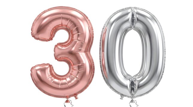 Rose gold number three and silver number zero foil balloons celebrate a thirtieth birthday anniversary event with metallic reflective textures and a clean white finish