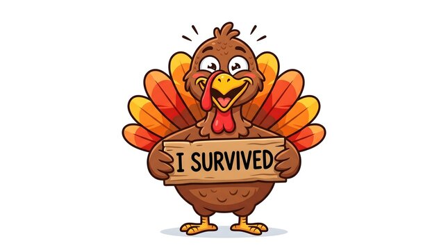 Cheerful cartoon turkey holding wooden sign with survived message featuring vibrant feathers, expressive eyes, bright colors, clean lines, and playful style for holiday celebration design