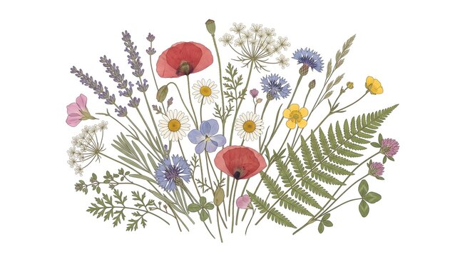 Delicate hand drawn wildflower bouquet featuring vibrant red poppies, white daisies, fragrant purple lavender, green fern leaves, and assorted spring blooms in a fine artistic style.