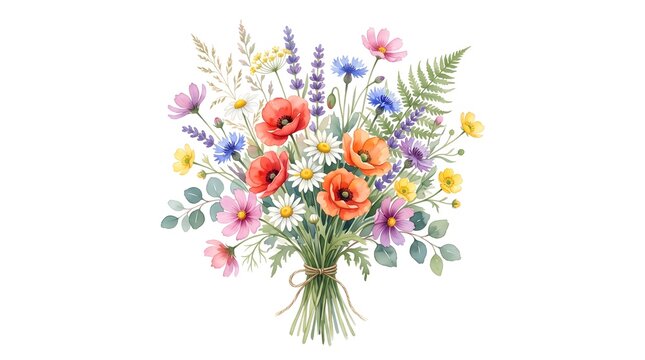 Vibrant watercolor bouquet featuring colorful wildflowers like red poppies, bright daisies, purple lavender, blue cornflowers, and green ferns tied with a simple rustic twine bow