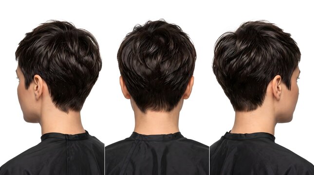 Dark brunette short layered pixie haircut shown from three different angles featuring professional styling with soft volume on clean white background under bright studio lighting