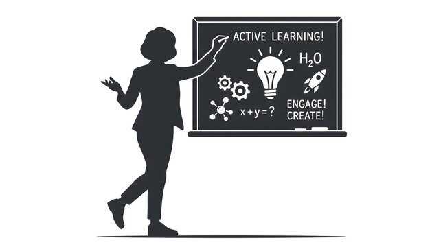 Professional female teacher standing in front of a blackboard demonstrating active learning concepts with creative science icons in a flat monochrome black and white graphic design.