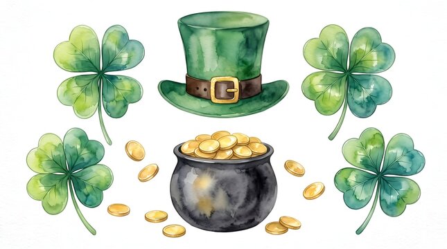 Green leprechaun hat featuring decorative golden buckles alongside shiny metallic coins and bright clover leaves painted with soft artistic watercolor textures for Saint Patricks day