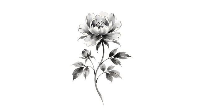 Delicate peony flower illustrated with artistic ink wash techniques showcasing soft monochromatic grey shading and elegant botanical petal details on a clean isolated white background