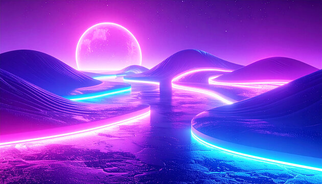 Abstract illumination with violet and blue neon light, bright illustration. AI